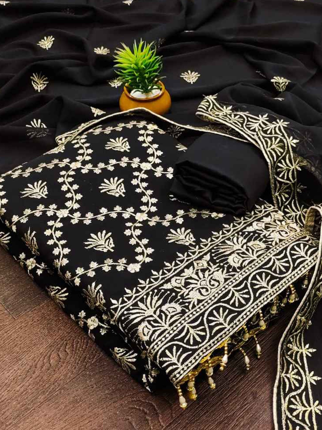 

faxofab Embroidered Unstitched Dress Material, Black