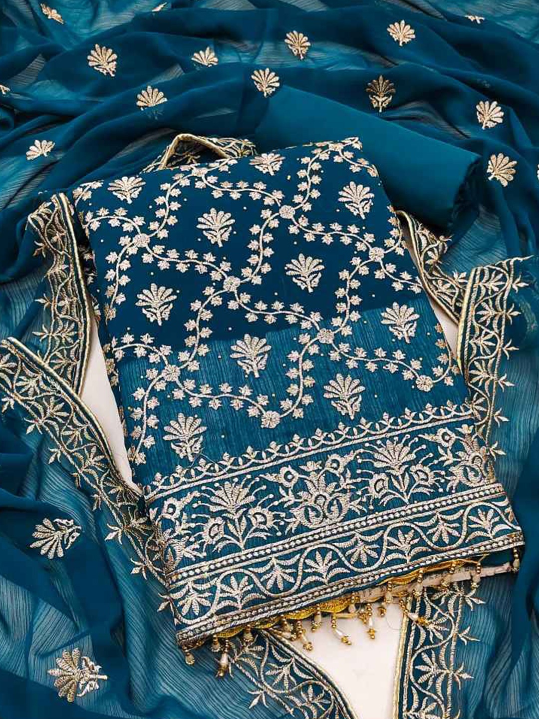 

faxofab Embroidered Unstitched Dress Material, Blue
