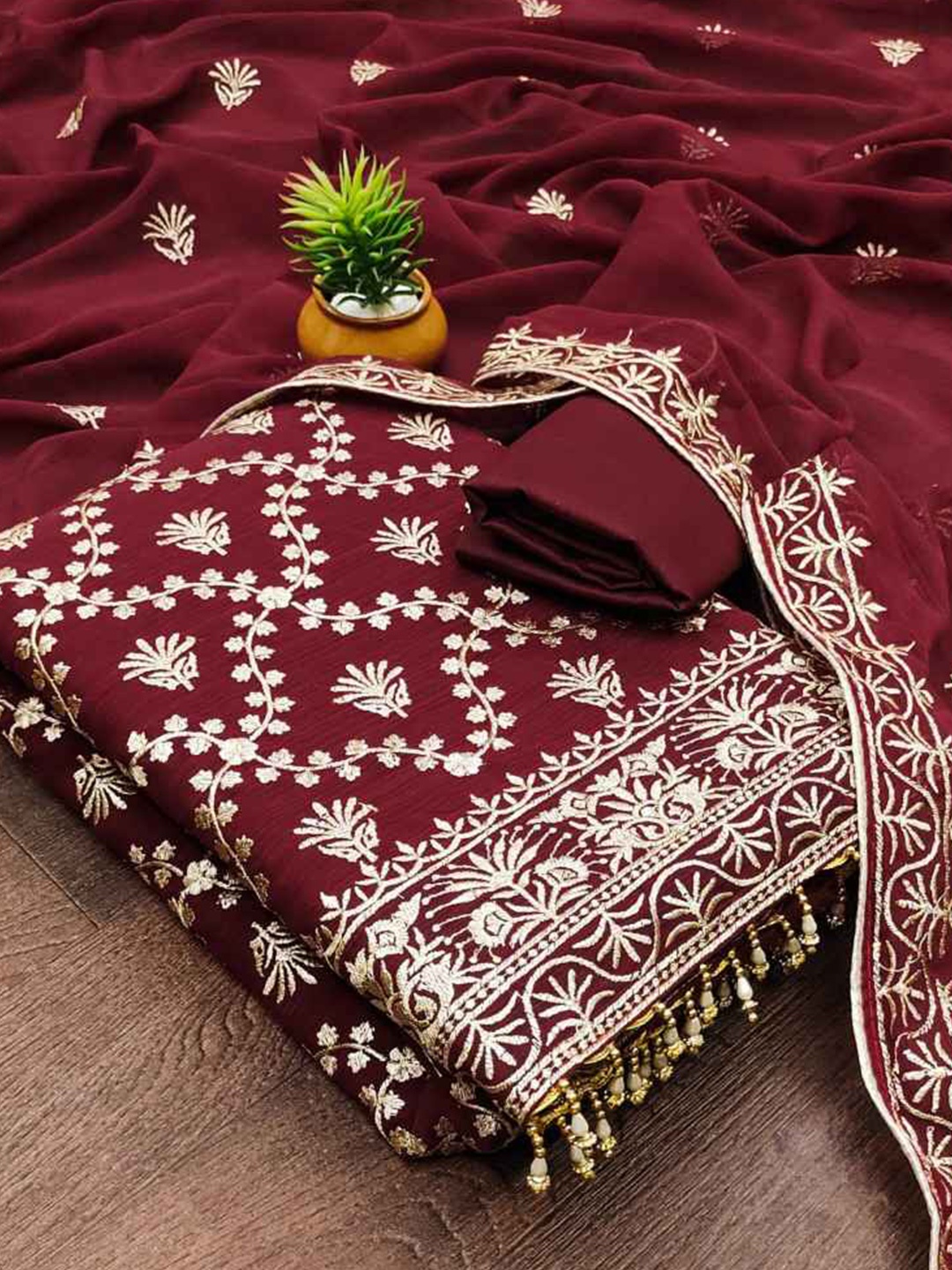 

faxofab Embroidered Unstitched Dress Material, Maroon