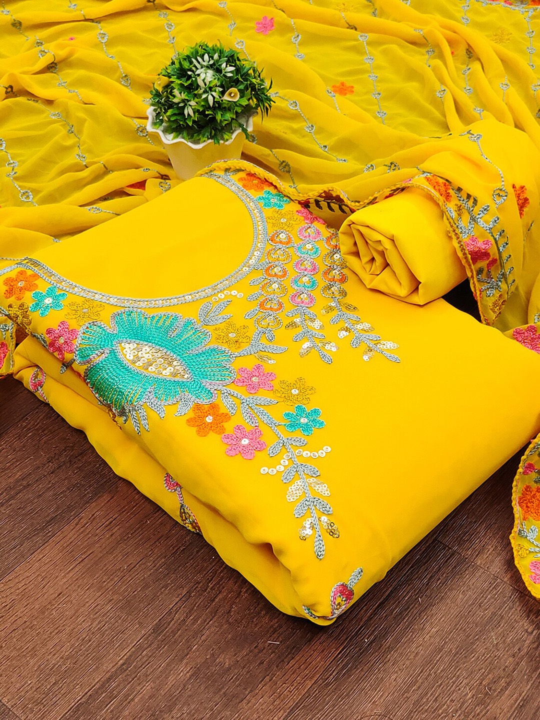 

Leeza Store Floral Embroidered Silk Georgette Unstitched Dress Material, Yellow