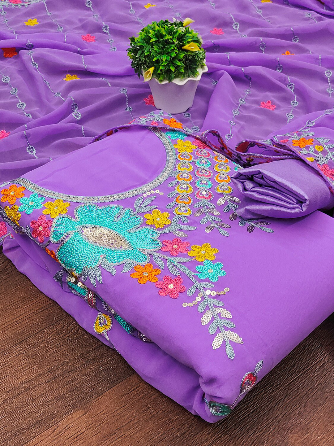 

Leeza Store Embellished Silk Georgette Unstitched Dress Material, Purple