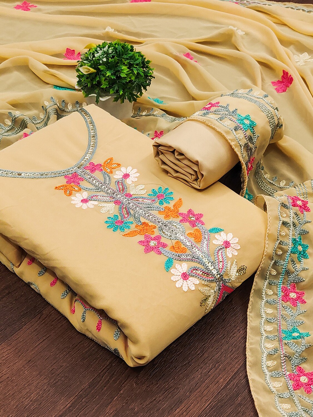 

Leeza Store Embellished Silk Georgette Unstitched Dress Material, Beige