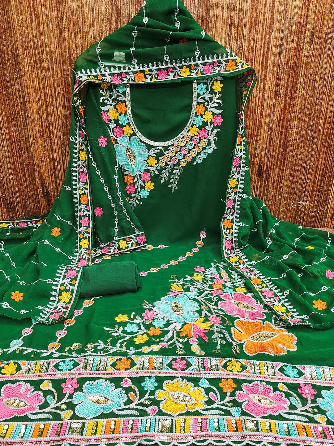 

Leeza Store Floral Embroidered Silk Georgette Unstitched Dress Material, Green