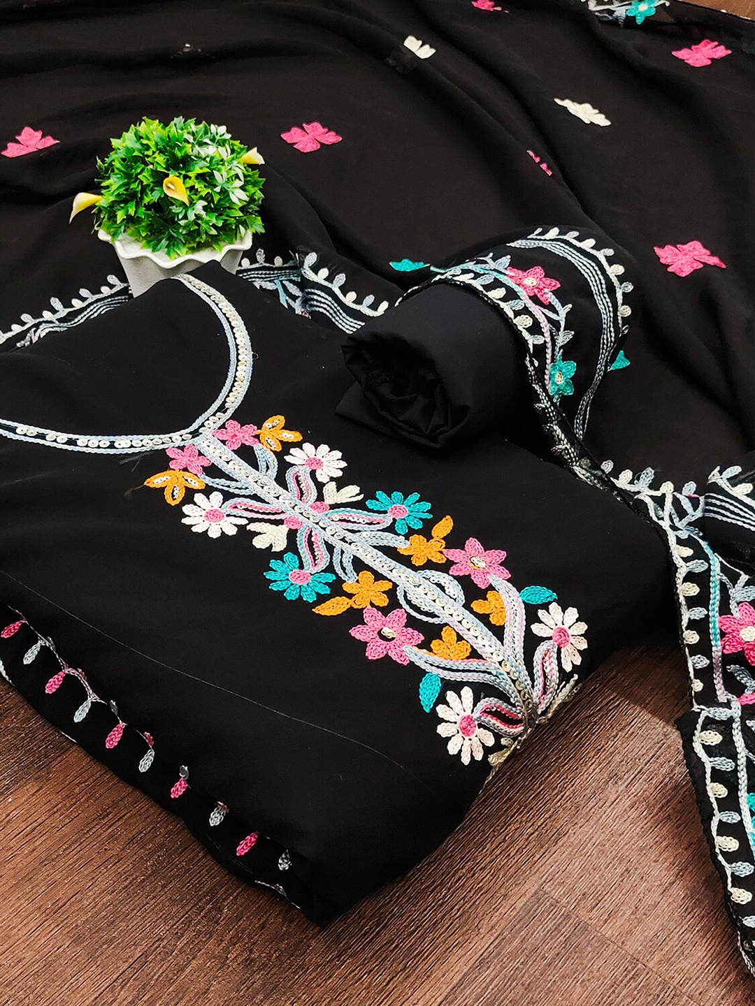 

Leeza Store Floral Embellished Silk Georgette Unstitched Dress Material, Black
