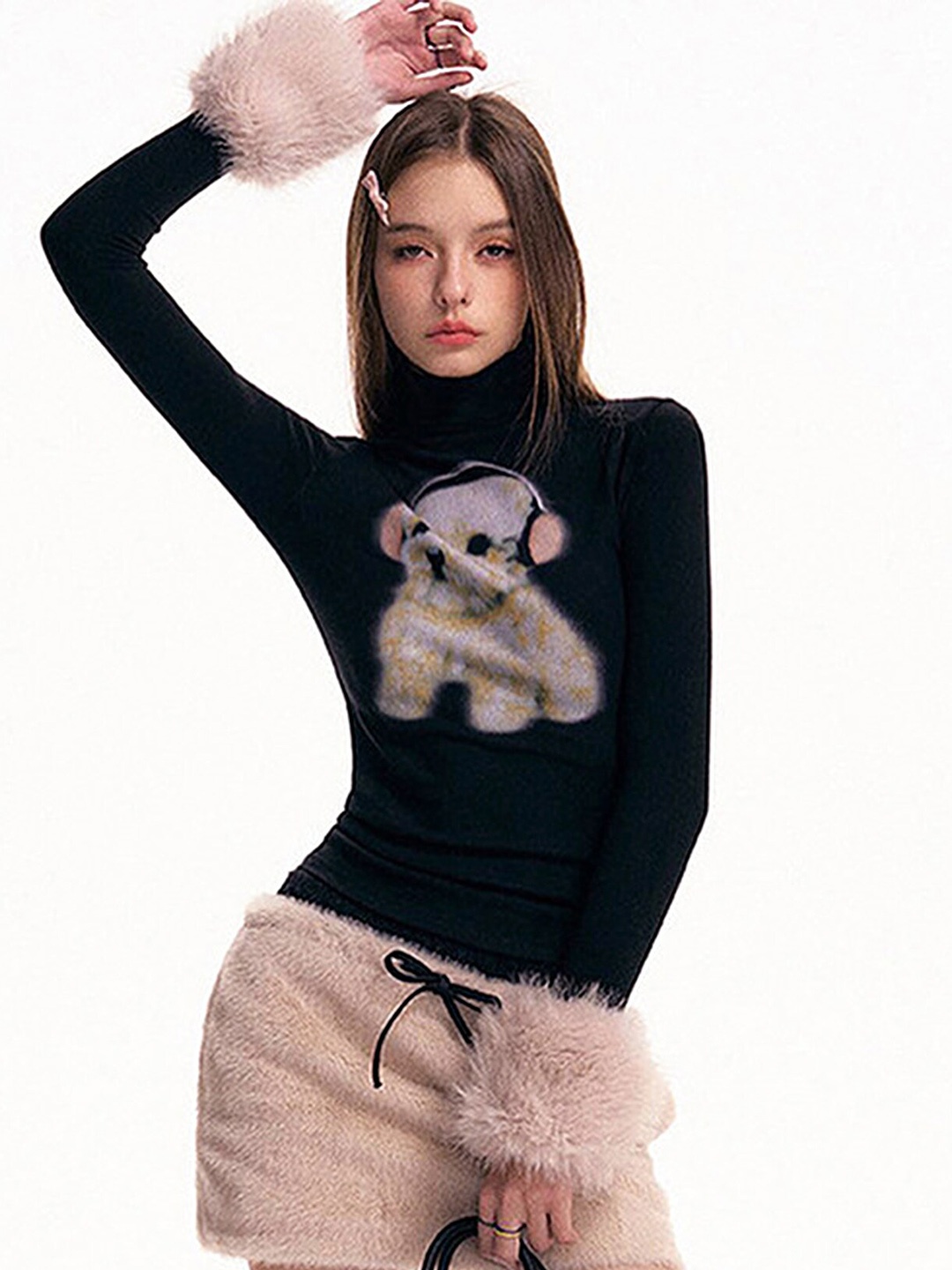

LULU & SKY Graphic Printed High Neck Long Sleeves Faux Fur Detail Fitted Top, Black