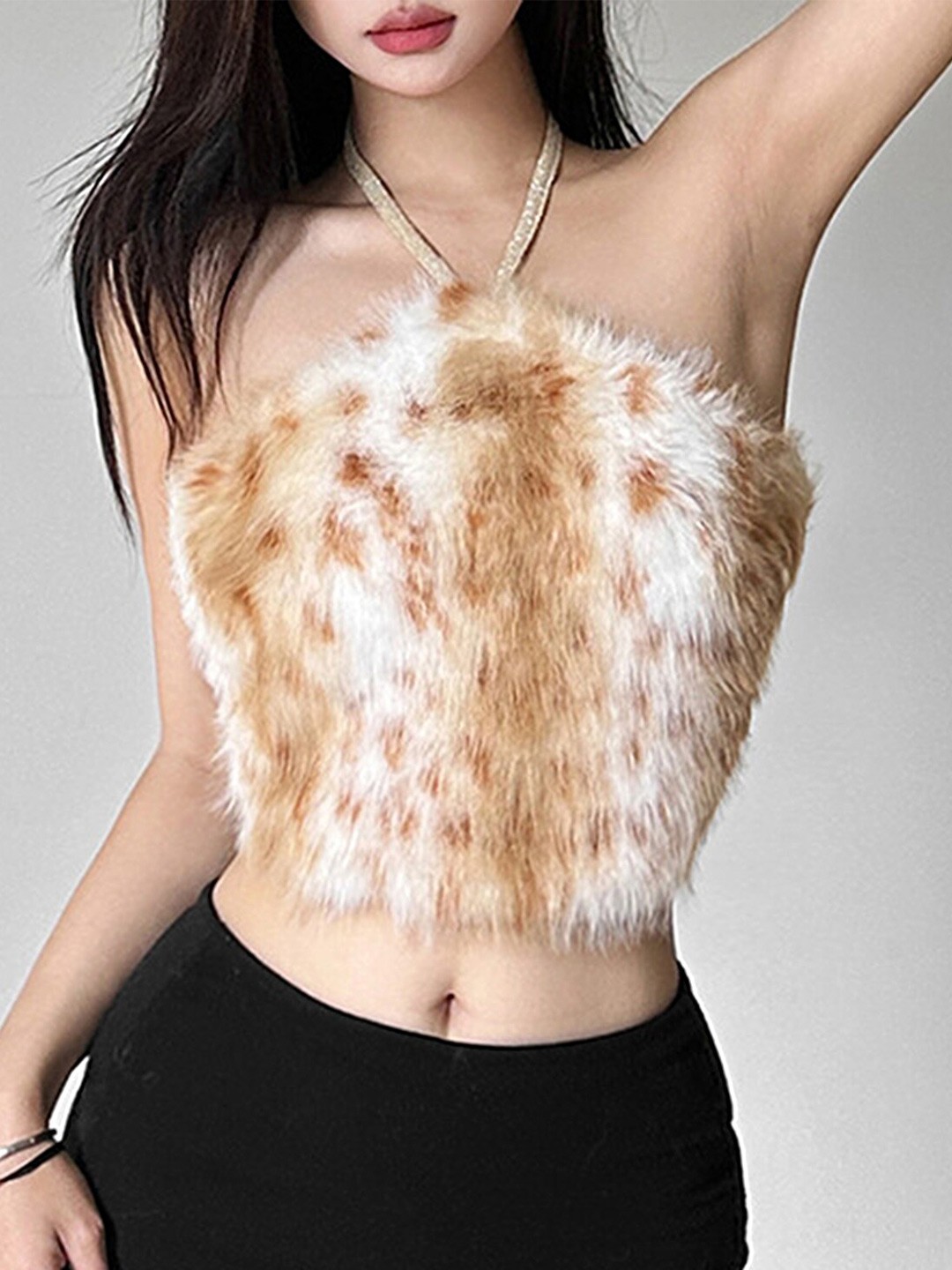 

LULU & SKY Halter Neck Faux Fur Trim Crop Top, Khaki