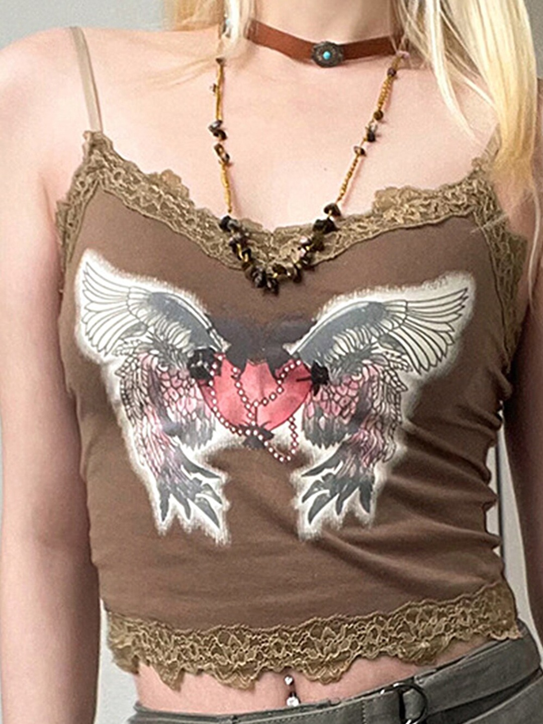 

LULU & SKY Graphic Printed Shoulder Straps Fitted Crop Top, Brown