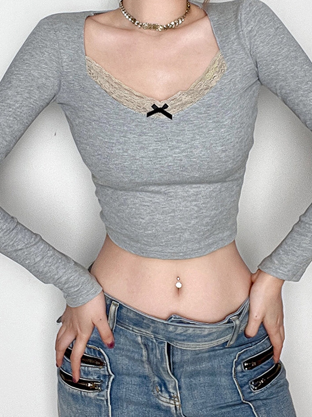 

LULU & SKY V-Neck Fitted Crop Top, Grey