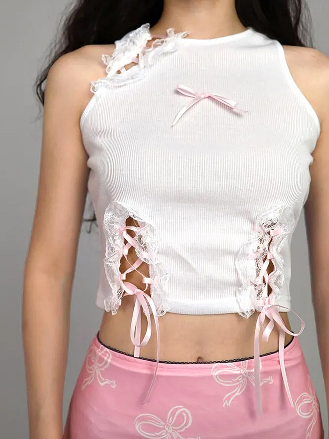

LULU & SKY Lace-Up Fitted Crop Top, White