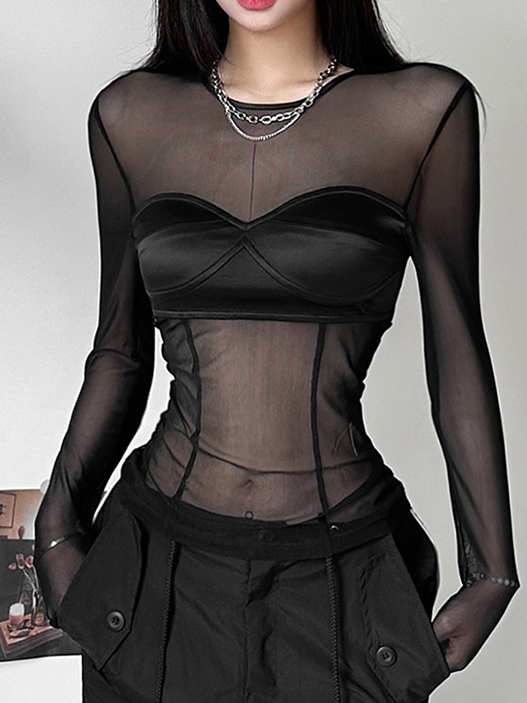 

LULU & SKY Round Neck Semi Sheer Top, Black
