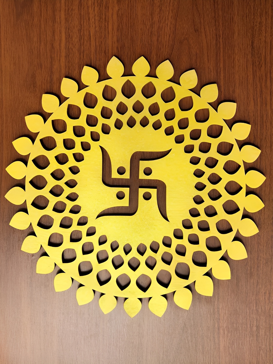 

World Wide Kart Gold Toned Wooden Swastika Round Om Chakra Hanging Wall Decor