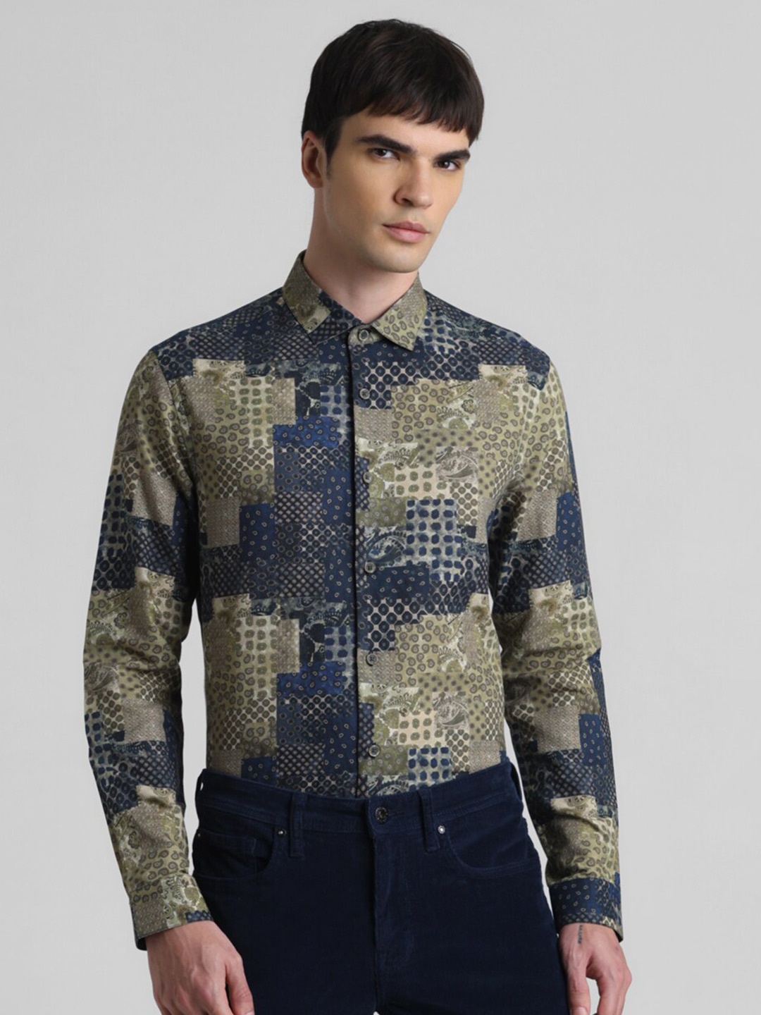 

Jack & Jones Slim Fit Abstract Printed Cotton Linen Formal Shirt, Green