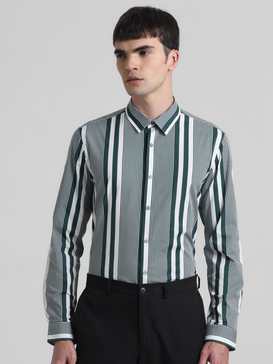 

Jack & Jones Slim Fit Vertical Striped Pure Cotton Formal Shirt, Green