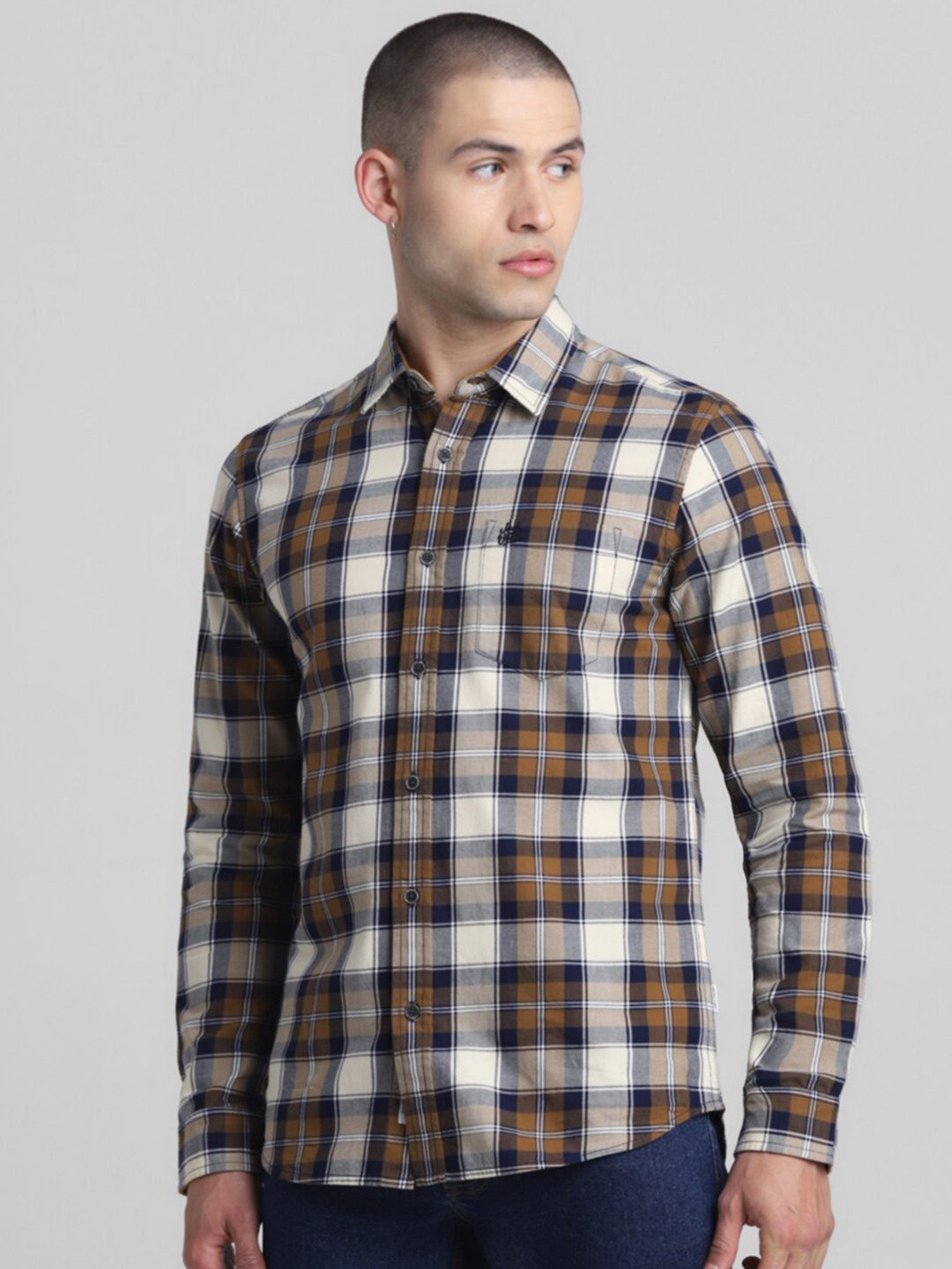 

Jack & Jones Tartan Checked Spread Collar Cotton Casual Shirt, Brown