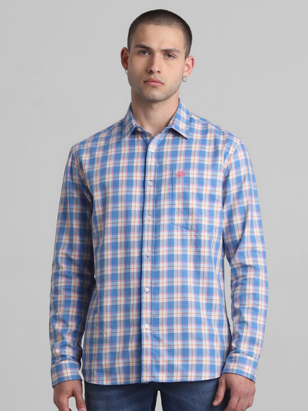 

Jack & Jones Gingham Checked Spread Collar Cotton Casual Shirt, Blue