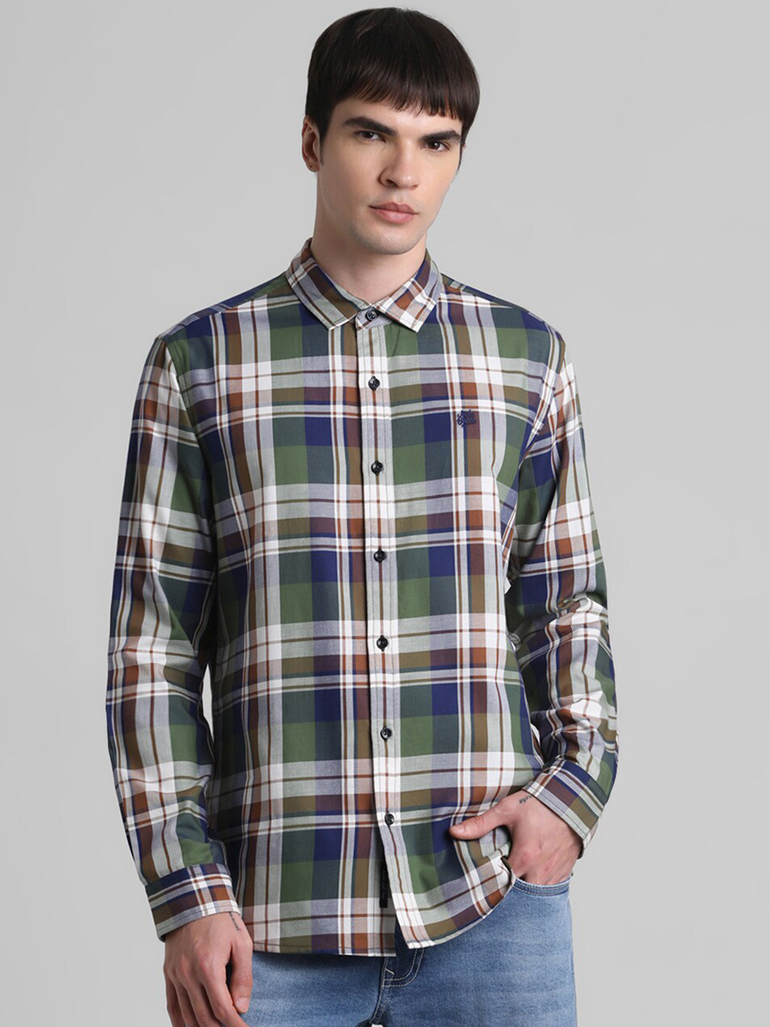 

Jack & Jones Tartan Checked Spread Collar Cotton Casual Shirt, Olive