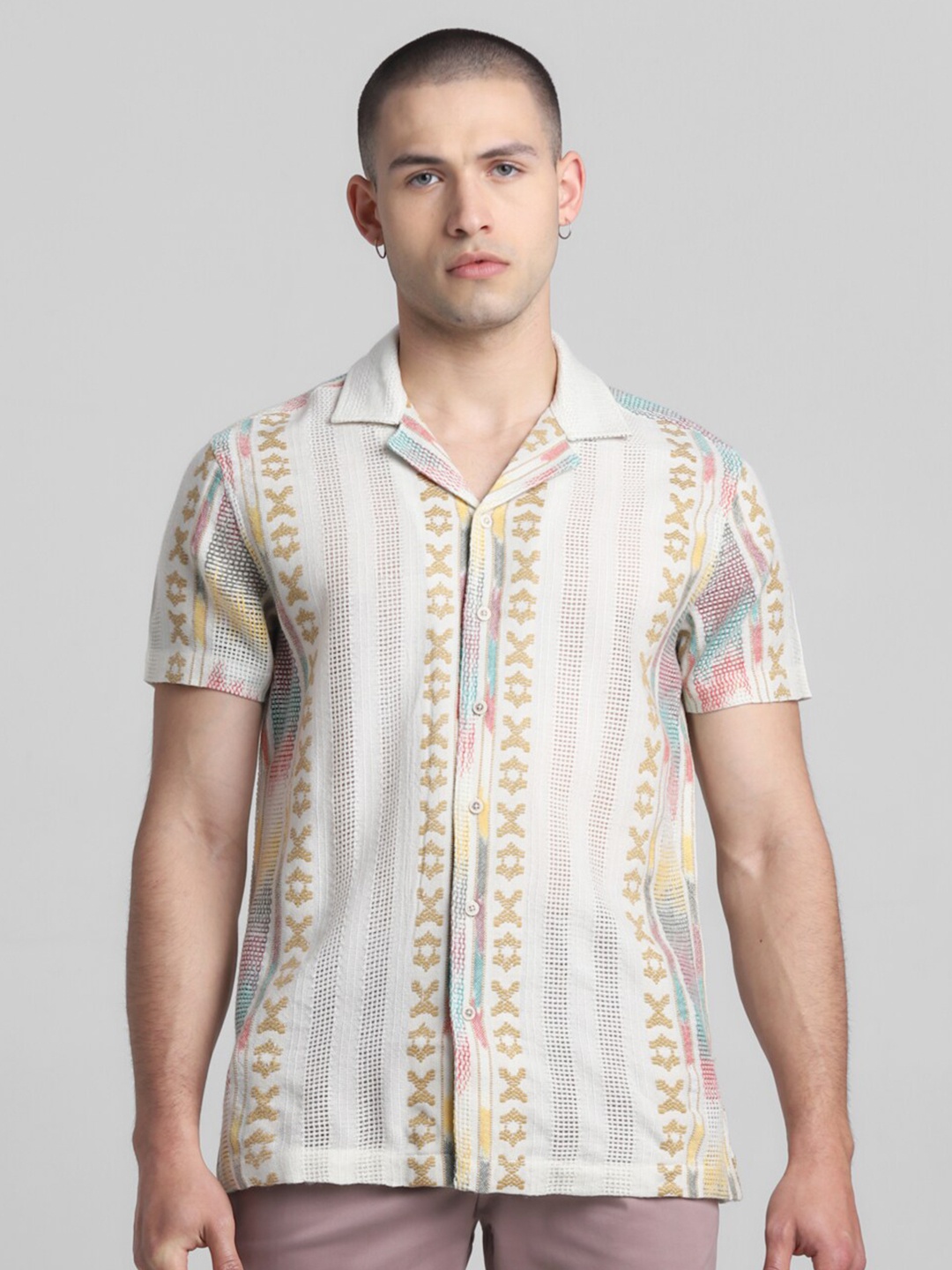 

Jack & Jones Floral Printed Cuban Collar Cotton Casual Shirt, Beige
