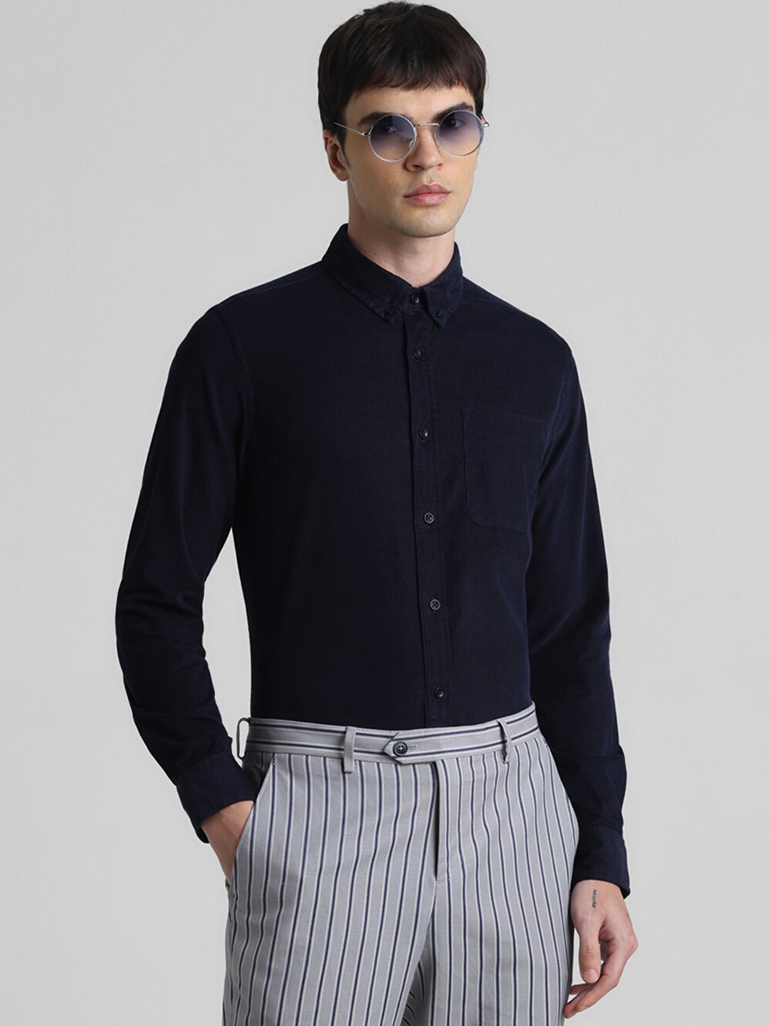 

Jack & Jones Slim Fit Button-Down Collar Pure Cotton Formal Shirt, Navy blue