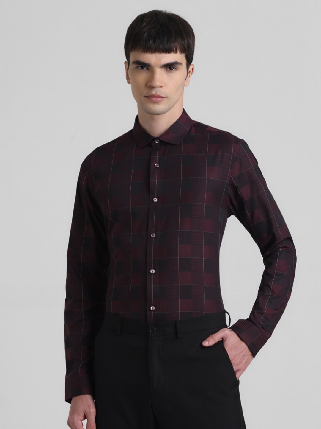 

Jack & Jones Slim Fit Tartan Checked Pure Cotton Formal Shirt, Maroon