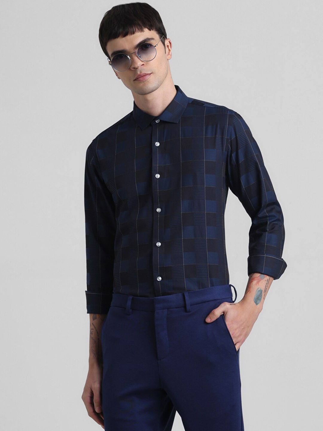 

Jack & Jones Herst Dobby Slim Fit Tartan Checked Spread Collar Cotton Casual Shirt, Navy blue