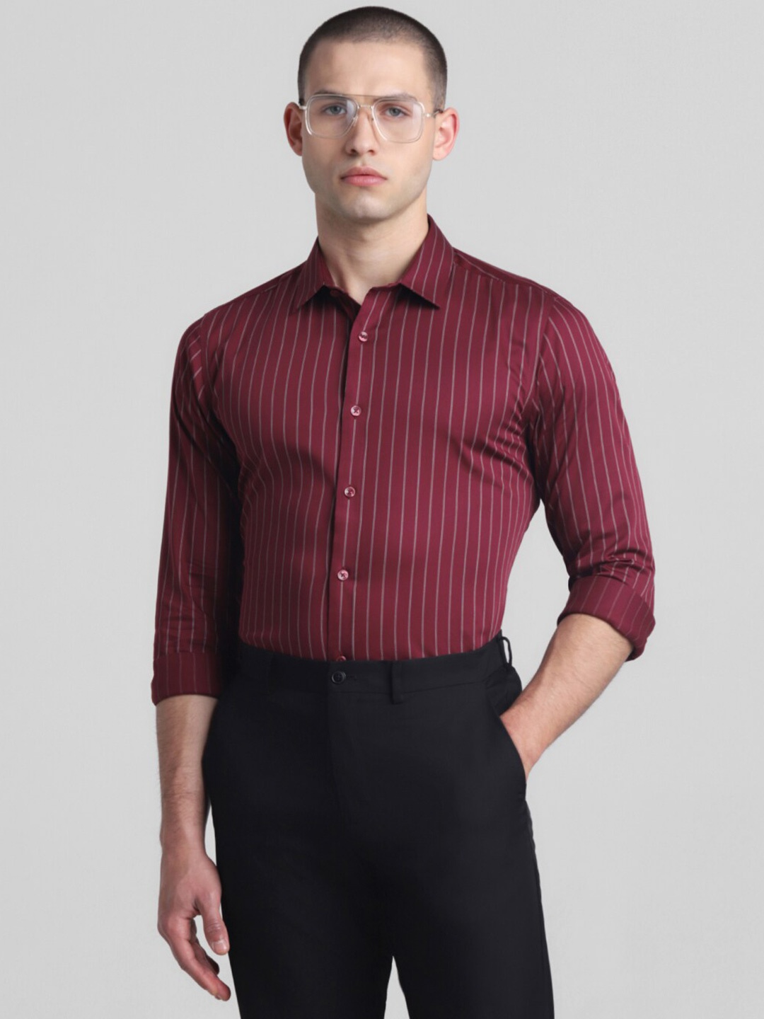 

Jack & Jones Slim Fit Vertical Striped Pure Cotton Formal Shirt, Red