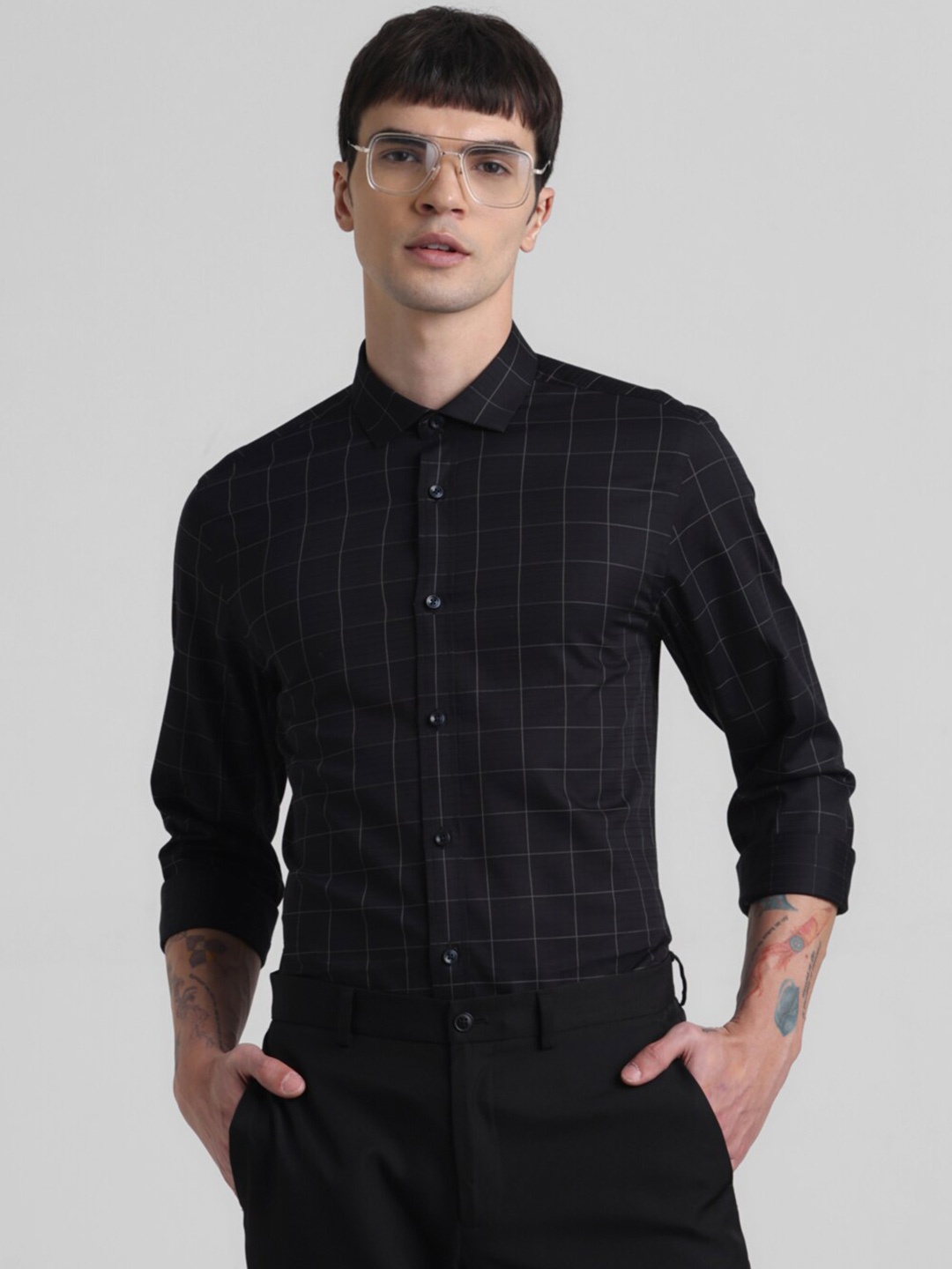 

Jack & Jones Alan Jacquard Slim Fit Windowpane Checked Spread Collar Cotton Casual Shirt, Black