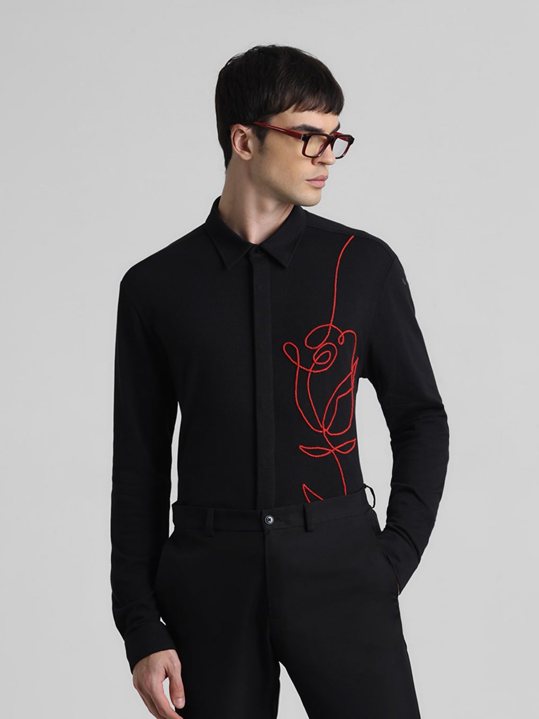 

Jack & Jones Slim Fit Embroidered Opaque Casual Shirt, Black