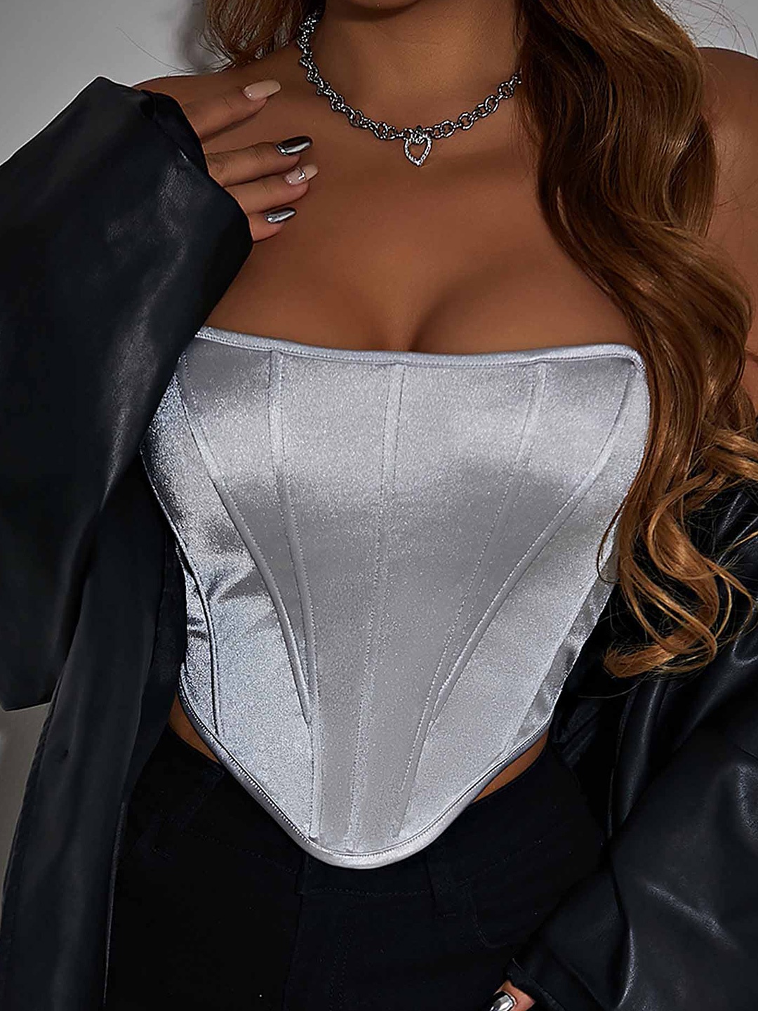 

LULU & SKY Strapless Satin Corset Crop Top, Silver