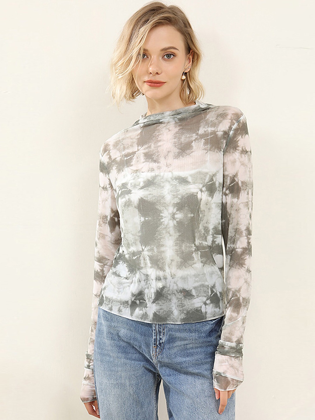 

LULU & SKY Tie & Dye Printed Long Sleeves Top, Grey