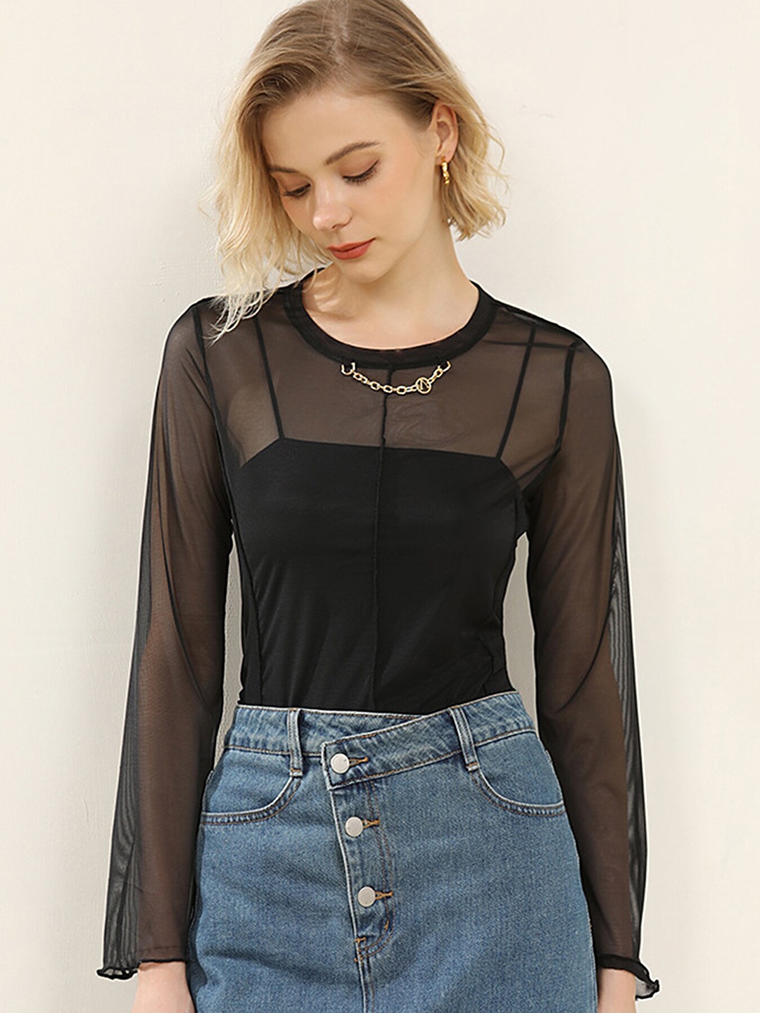 

LULU & SKY Round Neck Sheer Reverse Stitch Overlock Top, Black