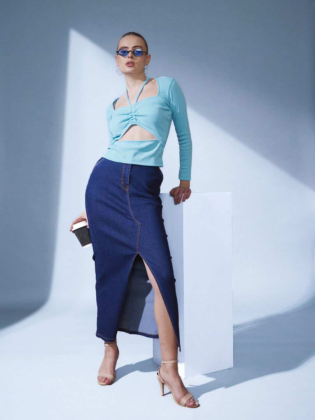 

STREET 9 Round Neck Long Sleeves Cut Out Top, Turquoise blue
