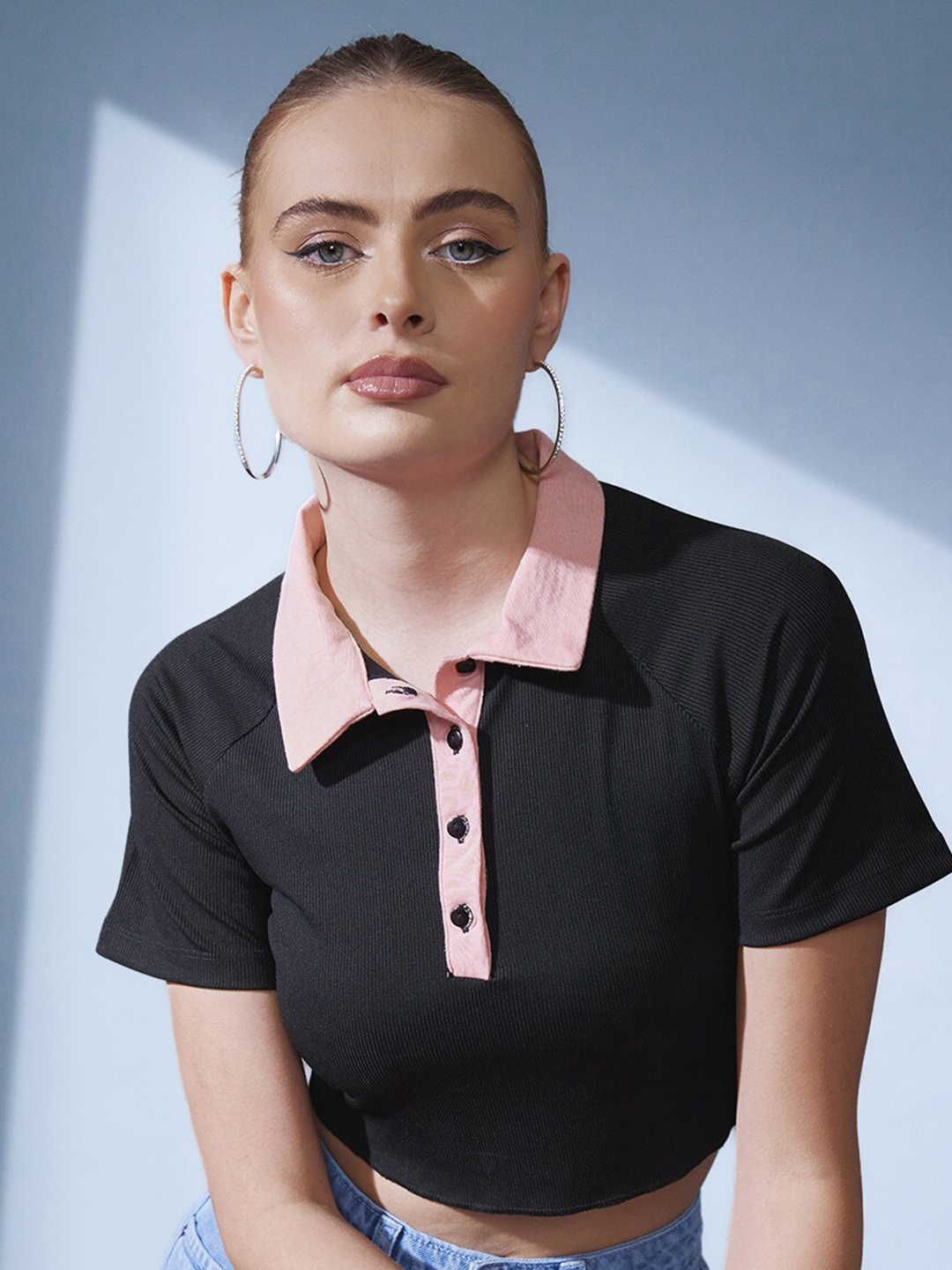 

STREET 9 Black Polo Collar Raglan Sleeve Slim Fit Crop T-shirt