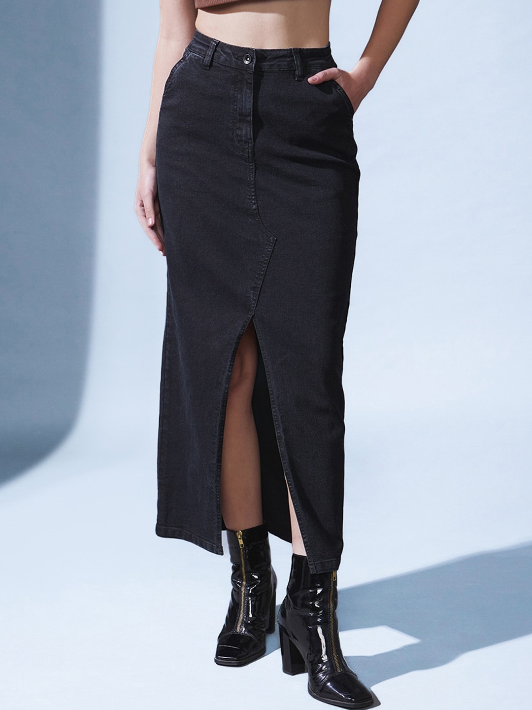 

STREET 9 Denim Straight Maxi Skirt, Black