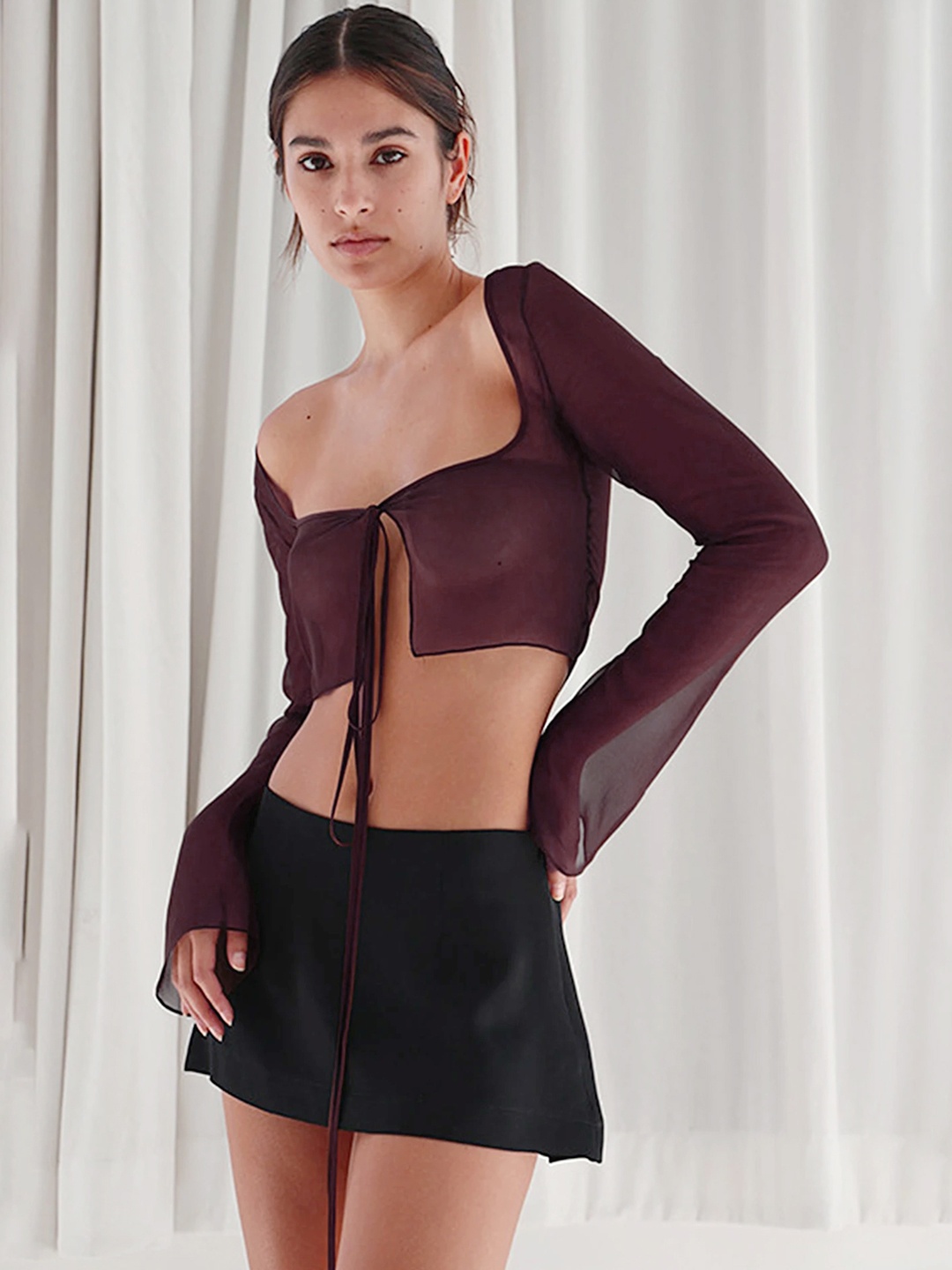 

LULU & SKY Tie Up Neck Sheer Crop Top, Brown