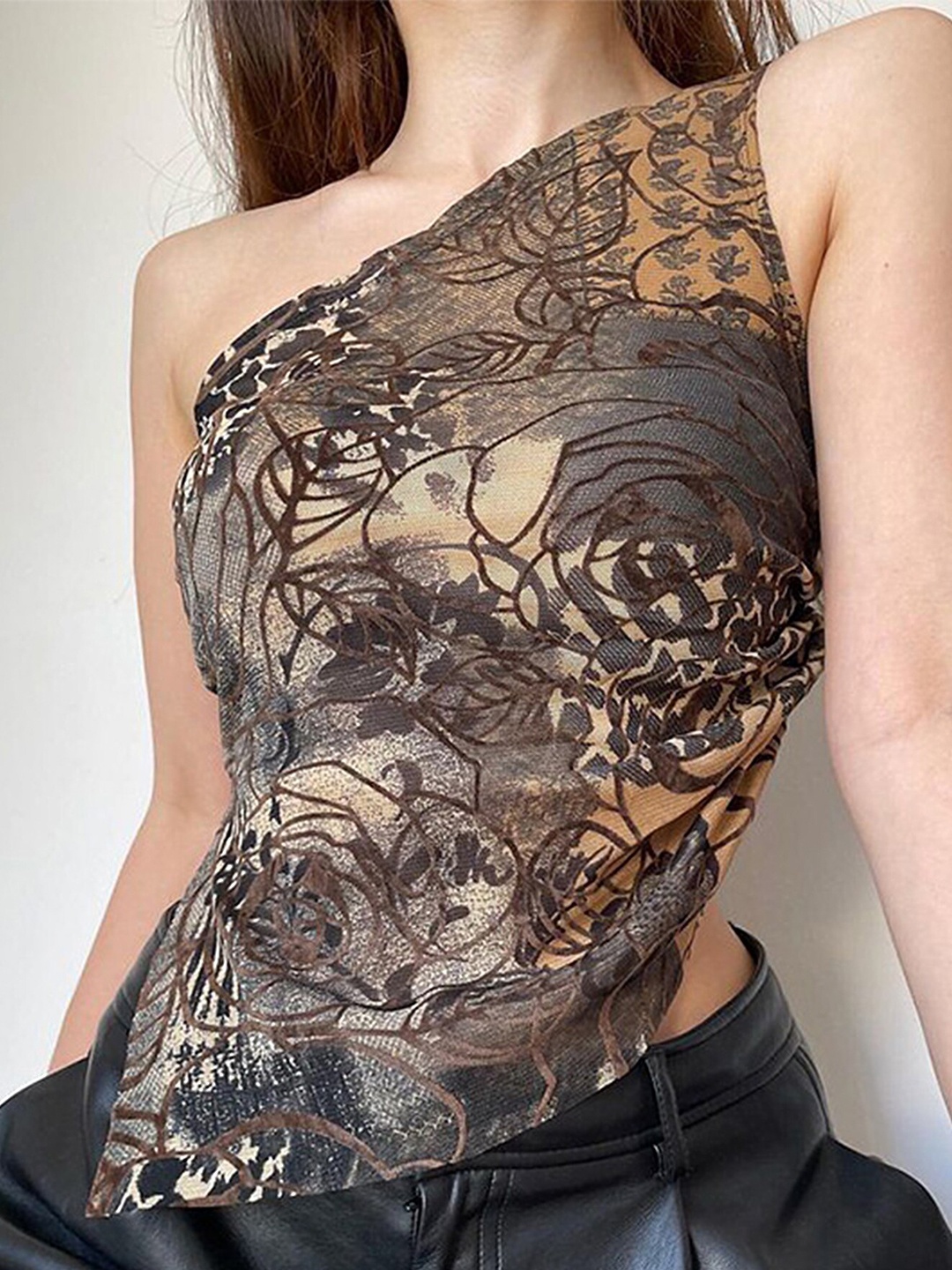 

LULU & SKY Floral Printed One Shoulder Top, Brown