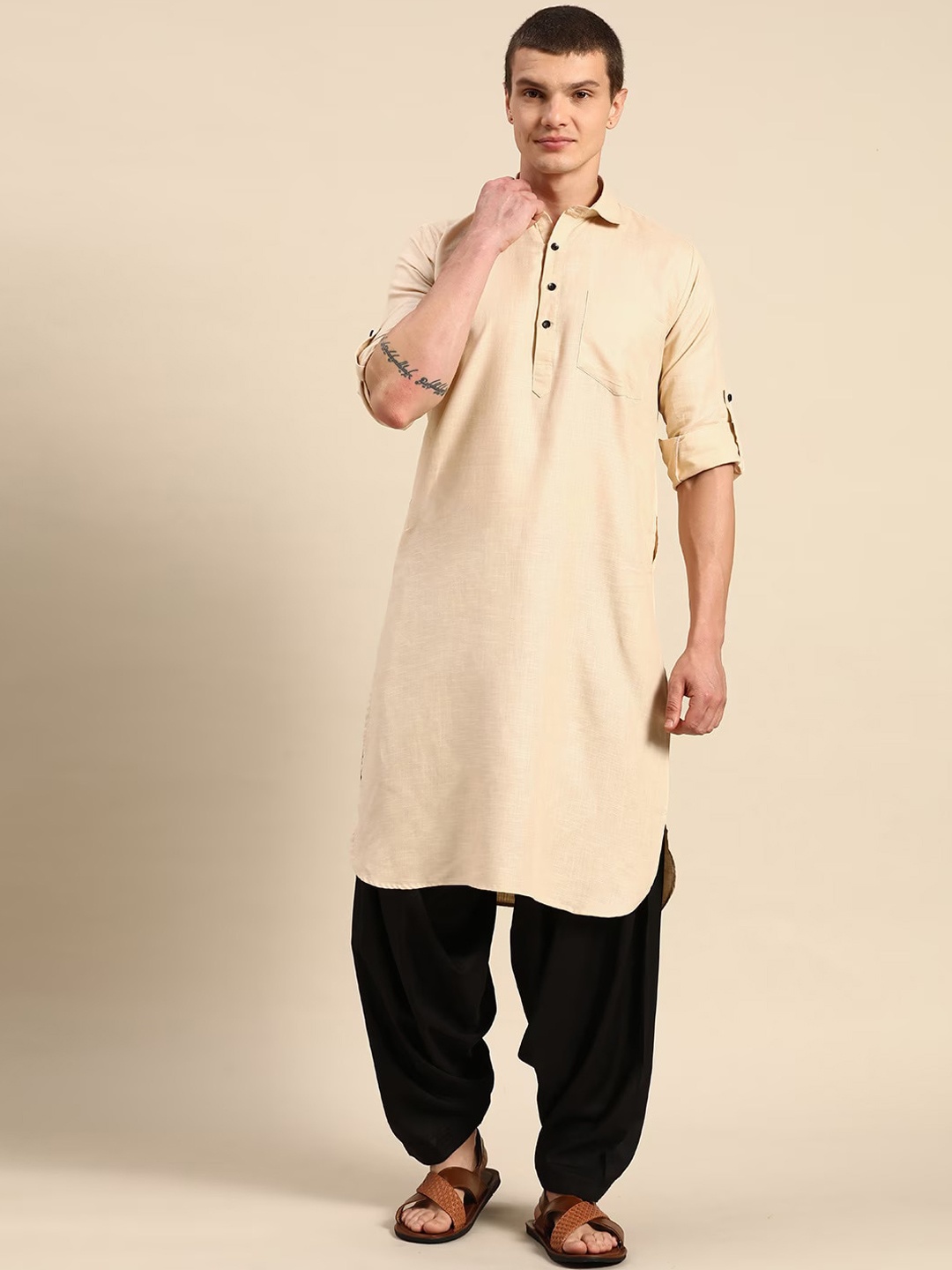 

RAJUBHAI HARGOVINDAS Roll Up Sleeves Pathani Pure Cotton Kurta with Salwar, Beige