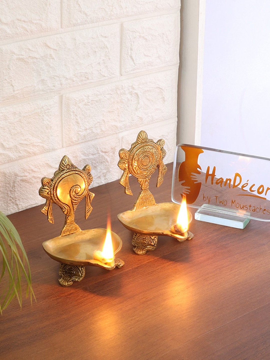 Two Moustaches Gold Toned 2 Pieces Shankh Chakra Brass Diyas