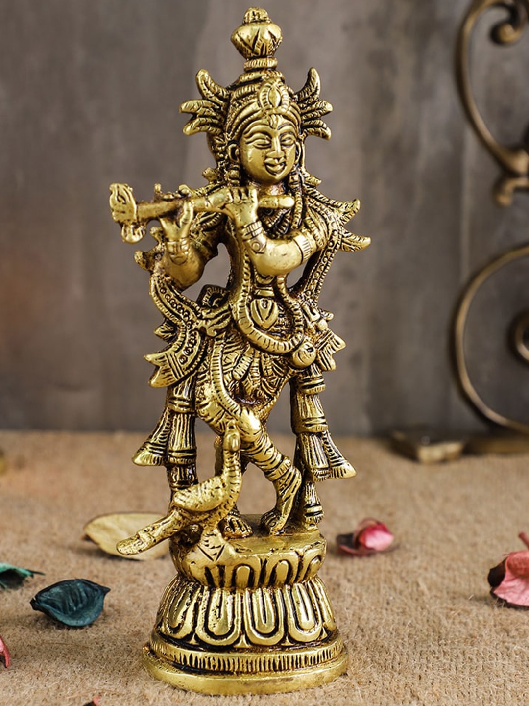 

Two Moustaches Krishna with Peacock Idol Showpiece, Gold
