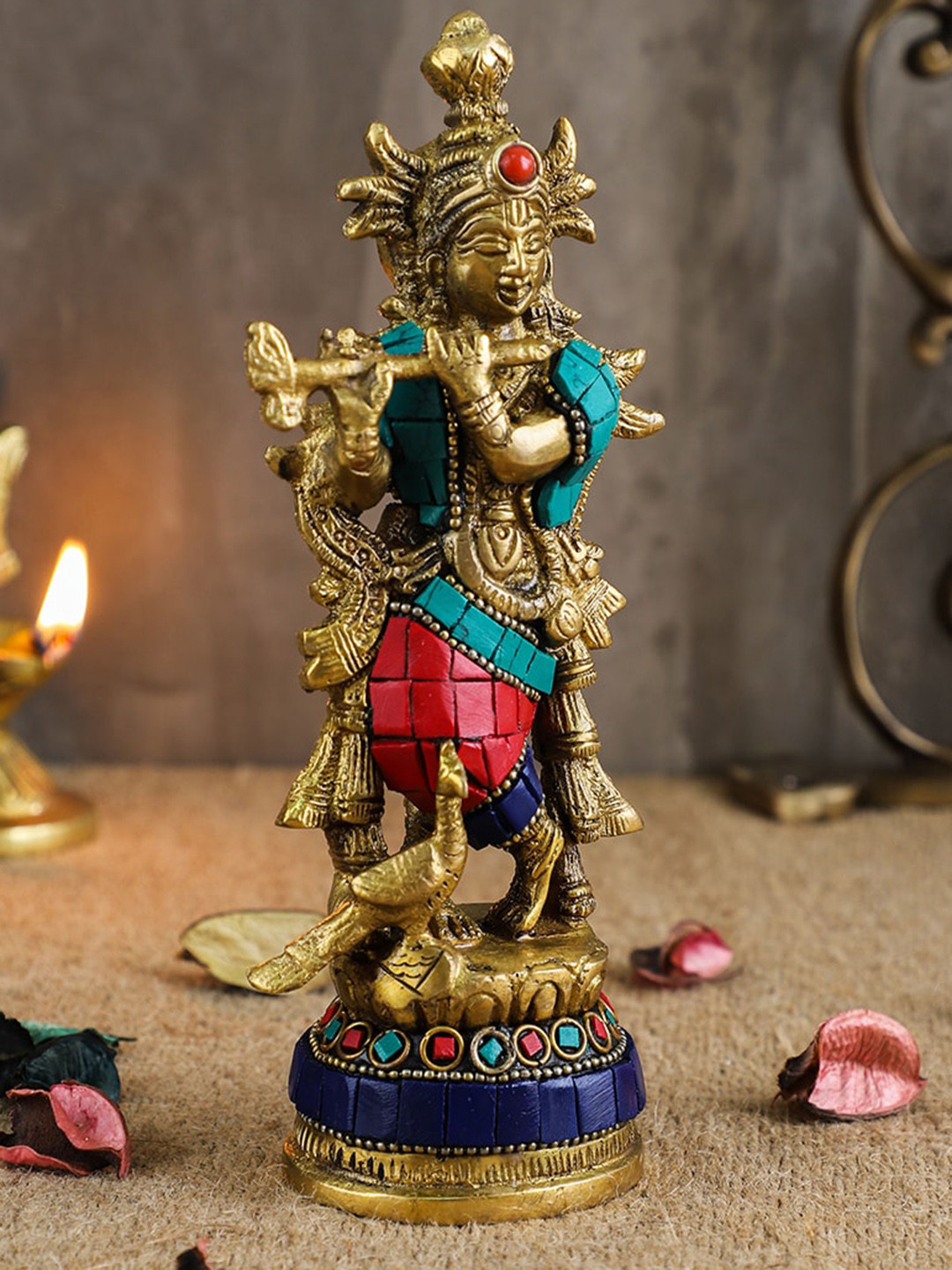 

Two Moustaches Krishna with Peacock Showpiece, Gold