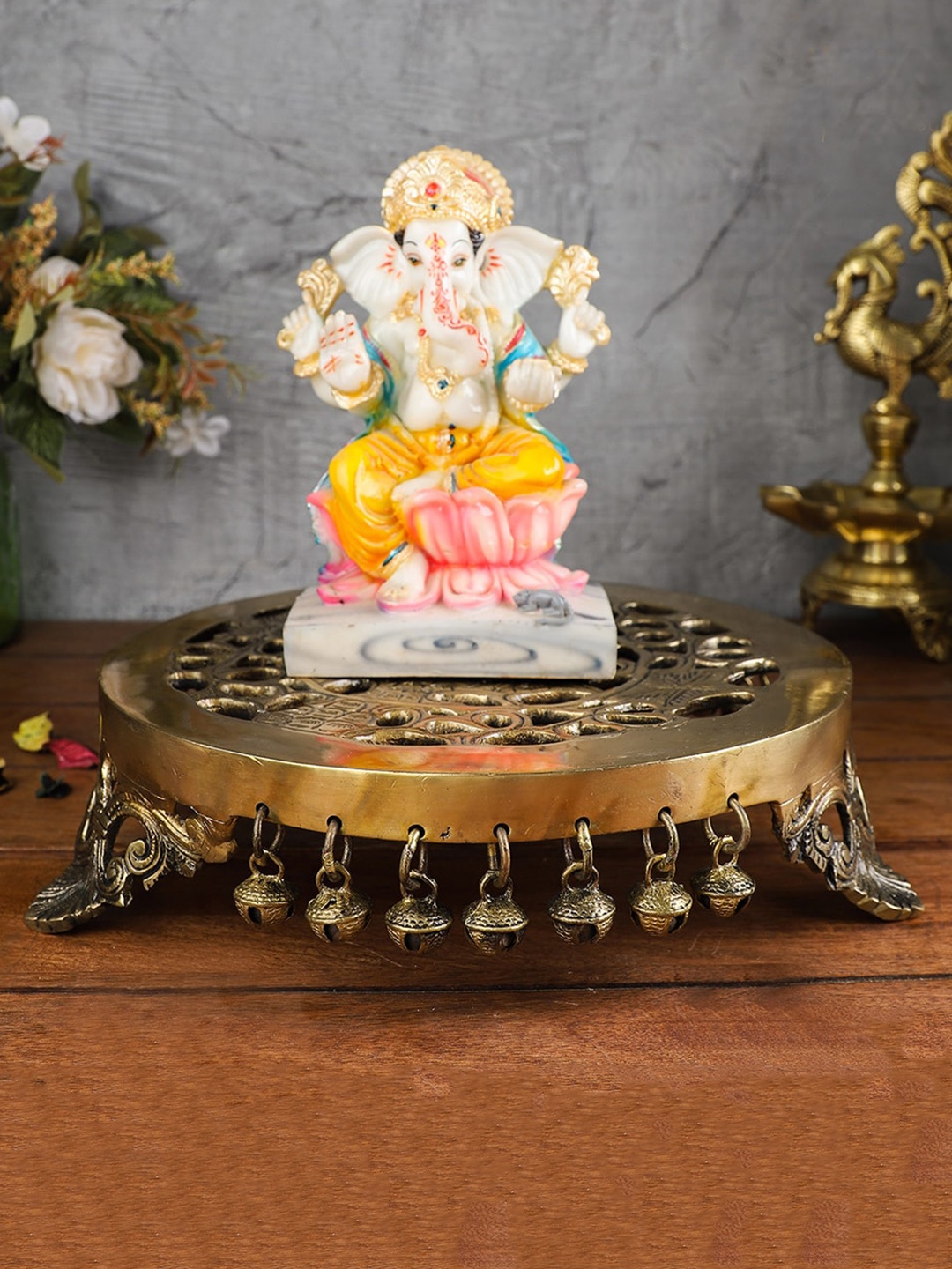 Two Moustaches Gold Toned Elephant Pillar Pooja Chowki with Bells