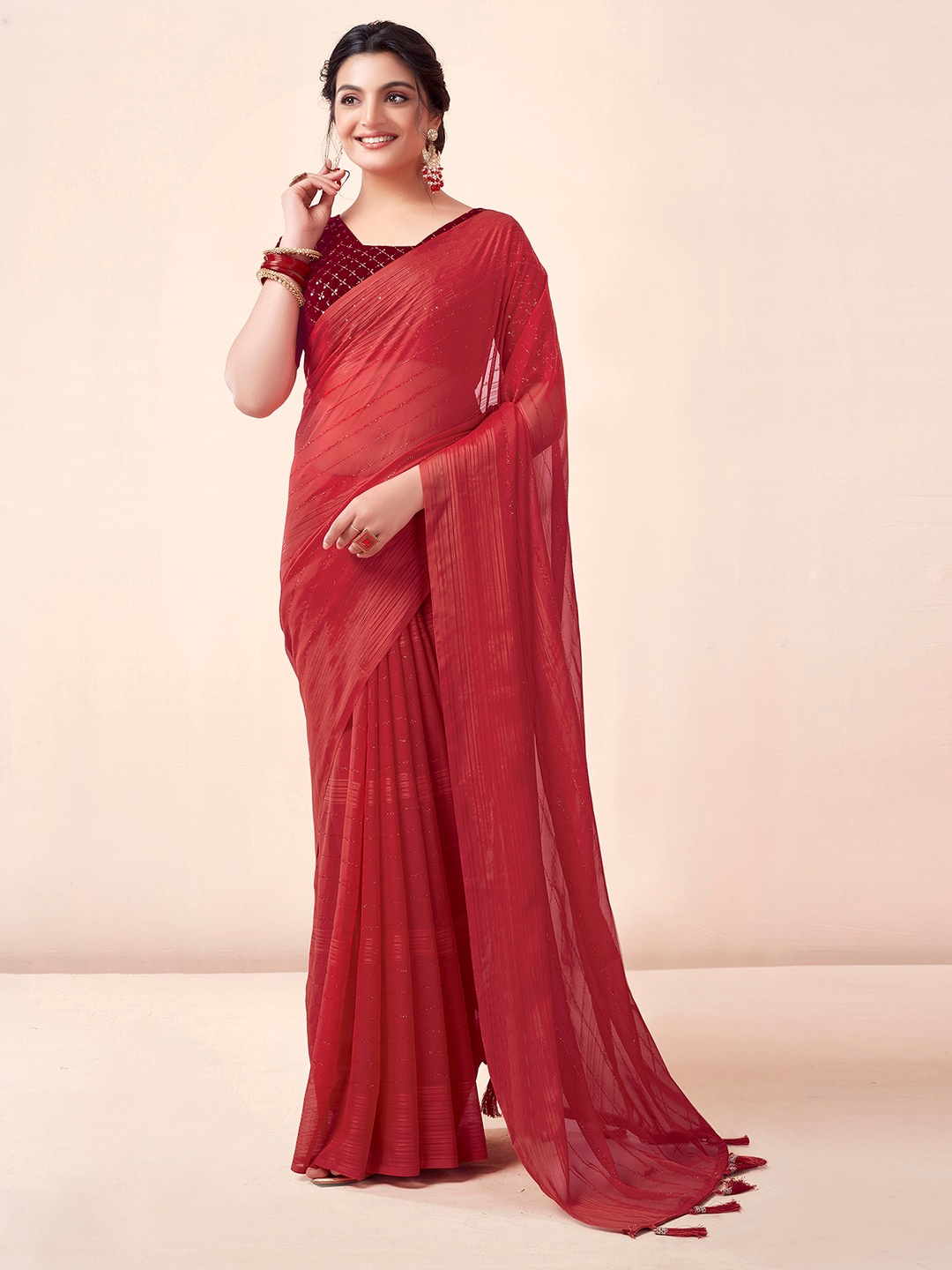 

KALINI Striped Sequinned Leheriya Saree, Red