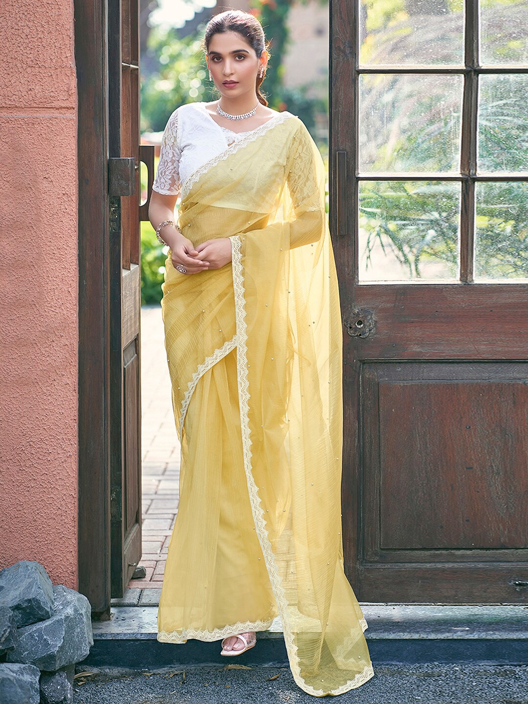 

KALINI Floral Beads and Stones Net Muga Saree, Yellow