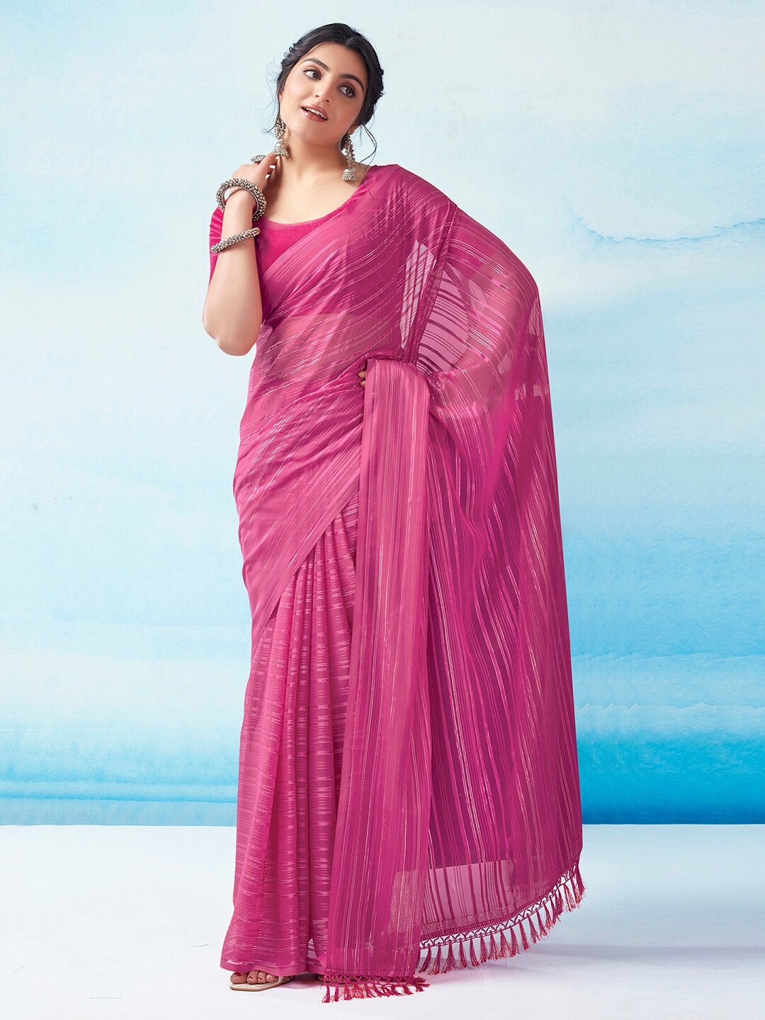 

KALINI Striped Zari Leheriya Saree, Pink