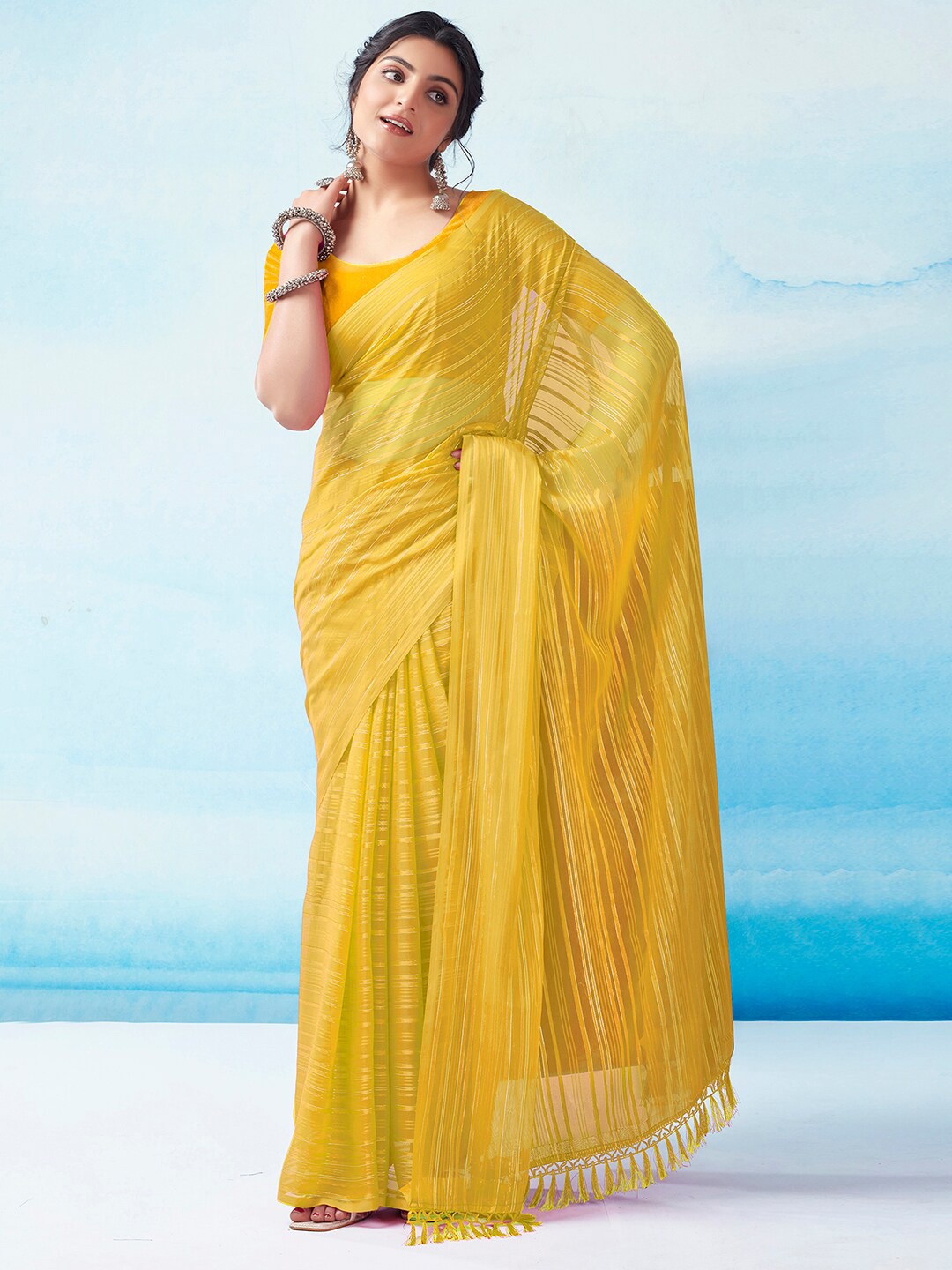 

KALINI Striped Leheriya Saree, Yellow