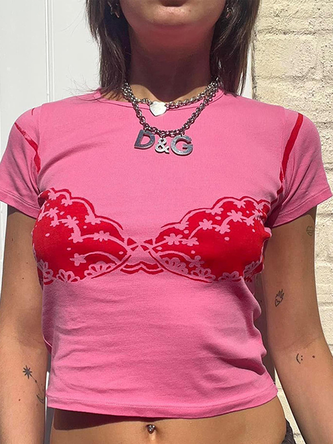 

LULU & SKY Graphic Printed Round Neck Crop T-shirt, Pink