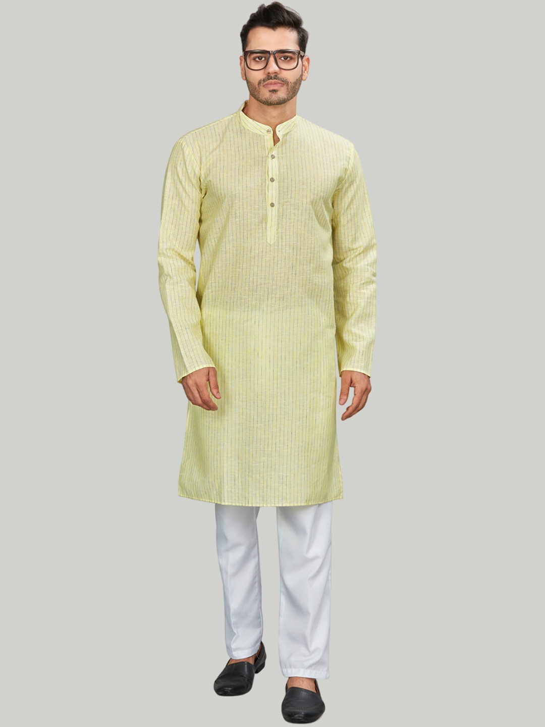 

Authentics Striped Mandarin Collar Kurta, Yellow