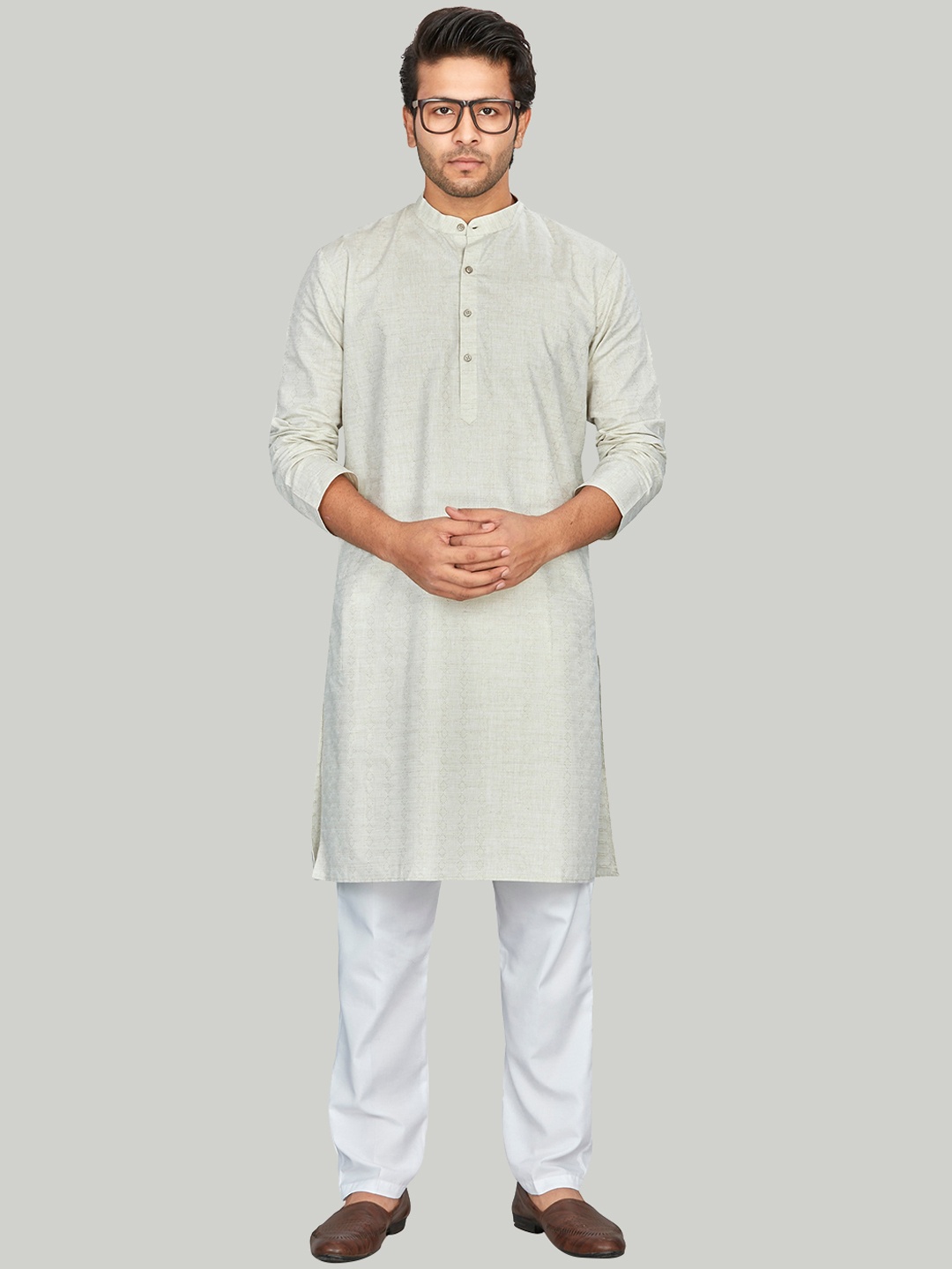 

Authentics Geometric Woven Design Band Collar Jacquard Pure Cotton Straight Kurta, Olive