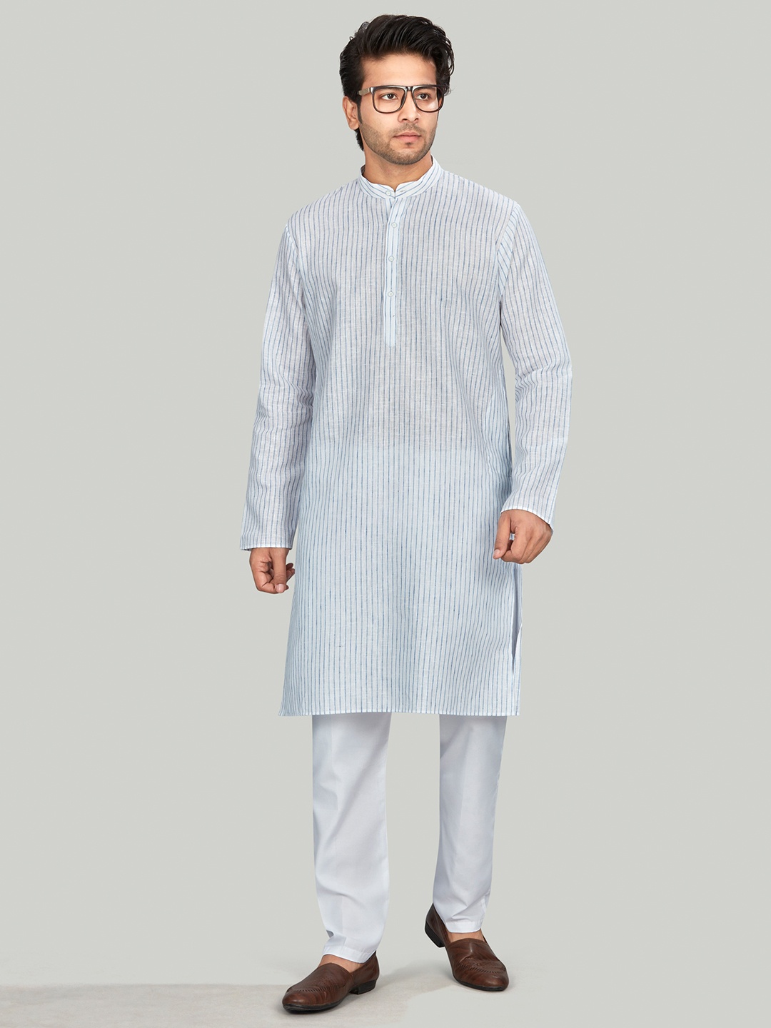 

Authentics Men Checked Thread Work Pathani Kurta, White