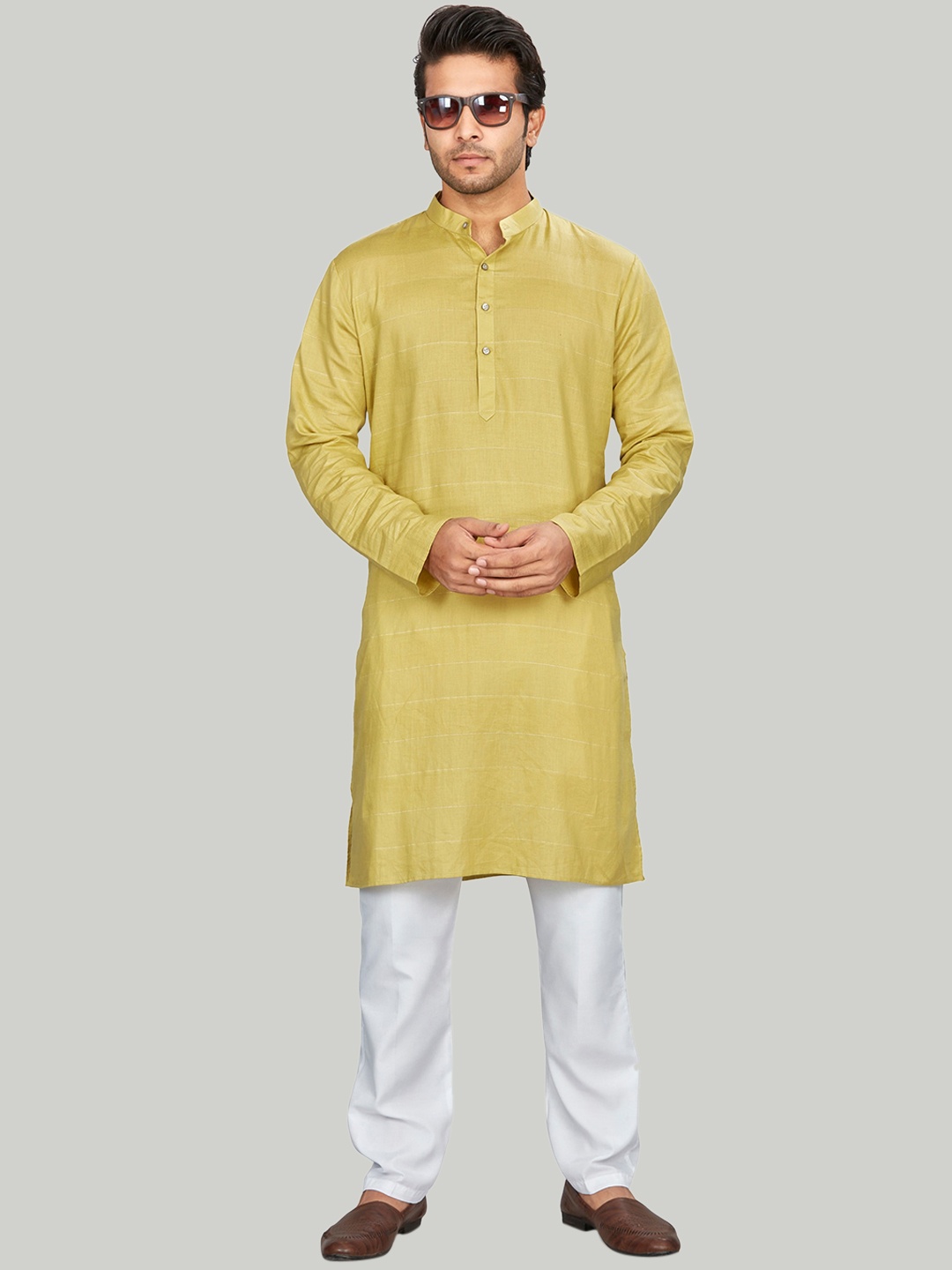 

Authentics Striped Mandarin Collar Straight Kurta, Olive