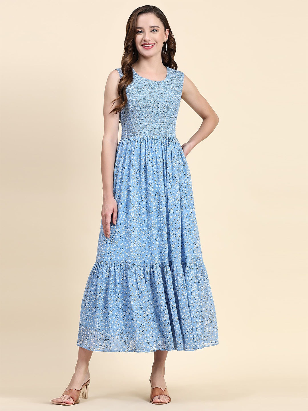 

TOOCHKI Floral Printed Smocked & Tiered Georgette Maxi Fit & Flare Dress, Blue